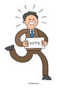 Cartoon politician running with a paper that says vote, vector illustration