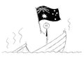 Cartoon of Politician Standing Depressed on Sinking Boat Waving Flag of Commonwealth of Australia