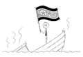 Cartoon of Politician Standing Depressed on Sinking Boat Waving the Flag of Democratic People`s Republic of Korea or