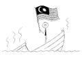 Cartoon of Politician Standing Depressed on Sinking Boat Waving the Flag of Malaysia