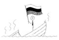 Cartoon of Politician Standing Depressed on Sinking Boat Waving the Flag of Russian Federation or Russia