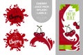 Cartoon pomegranate on juice splash. juice pack and organic fruit labels tags.