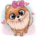 Cartoon Pomeranian with pink bow and hearts