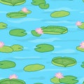 Cartoon pond with beautiful water lily blossom and lotus, vector seamless pattern. Perfect for kids apparel, fabric, textile