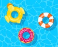 Cartoon pool swimming circles, floating rubber swim rings. Summer water toys in pool, floating inflatable lifebuoys