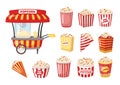 Cartoon popcorn machine and boxes. Movie food store popcorn stand with various size packaging containers vector