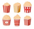 Cartoon popcorn paper buckets. Salty or sweet flavour popcorn in cups, tv or movie watching snack flat vector illustration set.