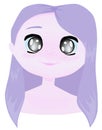 Cartoon little cute girl with lavender color hair and skin, big blue eyes