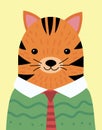 A cartoon portrait of a tiger in a sweater. Stylized tiger in a tie. Art for children. Vector illustration of an animal Royalty Free Stock Photo