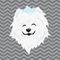 A cartoon portrait of a white dog with snow on his head. Happy dog head. Symbol of the new year. Vector illustration for