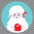 Cartoon portrait of a white sheep with a christmas present. A happy sheep. Vector illustration for children. Royalty Free Stock Photo