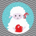 Cartoon portrait of a white sheep with a christmas present. A happy sheep. Vector illustration for children. Royalty Free Stock Photo