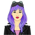 Cartoon portrait of a young Asian woman with blue hair and steampunk glasses.