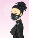 Cartoon portrait of a young Asian woman with dreadlocks In protective mask .