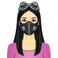 Cartoon portrait of a young Asian woman In protective leather mask and steampunk glasses.