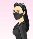 Cartoon portrait of a young Asian woman In protective mask and steampunk glasses.