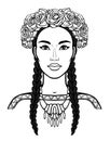 Cartoon portrait of a young beautiful girl in ancient necklace and a crown of roses. Royalty Free Stock Photo