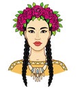 Cartoon portrait of a young beautiful girl in ancient necklace and a crown of roses. Royalty Free Stock Photo