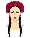 Cartoon portrait of a young beautiful girl in a crown of roses. Royalty Free Stock Photo