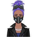 Cartoon portrait of a young black woman In protective leather mask and steampunk glasses.