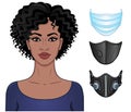 Cartoon portrait of a young black woman, a set of medical masks of different design.