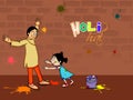 Cartoon Portrait of Young Man Playing Holi with Little Girl against Brown Brick Wall Background for Indian Festival of Colours Royalty Free Stock Photo