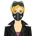 Cartoon portrait of a young white woman In protective leather mask and steampunk glasses.