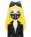 Cartoon portrait of a young white woman, a set of medical masks of different design.Animation portrait of a young white woman In p