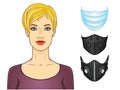 Cartoon portrait of a young white woman, a set of medical masks of different design.