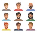 Set of mens avatars with various hairstyle: long or short hair, bald, with beard or without.