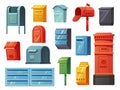 Cartoon postal mailboxes. Traditional curbside mailbox, wall mounted, European pillar, apartment mail slots and public