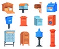 Cartoon postboxes. Colorful mailboxes, post box postal letter boxes for receiving letters in postoffice or apartment