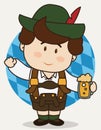 Cartoon Poster with Little Cute Bavarian wearing Lederhosen in Oktoberfest, Vector Illustration Royalty Free Stock Photo