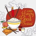 Cartoon Poster with Offerings to the Ancestors in Ghost Festival, Vector Illustration