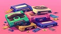 Cartoon poster of vintage style analog hipster devices of eighties era culture with audio cassettes, mix tapes, media Royalty Free Stock Photo