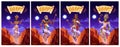 Cartoon posters Egyptian gods Ra, Horus, Pharaoh