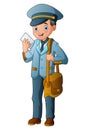 Cartoon postman holding mail and bag