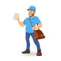 Cartoon postman holding mail and bag