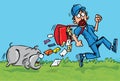 Cartoon postman running away from a dog