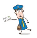 Cartoon Postman Running in Hurry to Deliver Letter