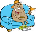 Cartoon potato sitting on a couch and holding a pennant. Royalty Free Stock Photo