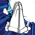 Cartoon praying hands on comic book background.