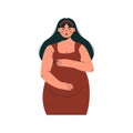 Cartoon pregnant woman. Happy mother with child in belly, cute female character with big tummy, maternity and prenatal