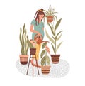 Cartoon pregnant woman holds a watering can and watering flowers at home. Happy pregnancy. Indoor gardening or plant growing. Stay