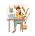 Cartoon pregnant woman with laptop working from home. Happy pregnancy. Girl sitting in modern interior. Home office concept. Royalty Free Stock Photo