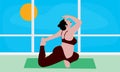 Pregnant European woman stretches the entire body doing Pigeon pose on a yoga mat. Relaxation and exercises in gym class,