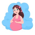 Cartoon pregnant woman. Young mom with baby flat illustration, happy motherhood and childbirth. Vector girl with baby Royalty Free Stock Photo