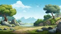 Cartoon Prehistoric Game Asset: Bay With Trees, Stones, And Hill Royalty Free Stock Photo