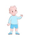 Cartoon preschool boy. Cute blond child character in blue clothes standing and waving hand, cheerful elementary school