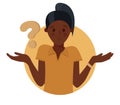 Cartoon pretty black girl doubts, thinks why. Woman with question mark. Vector illustration Royalty Free Stock Photo